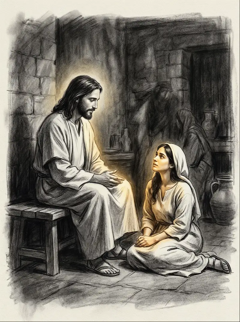 Charcoal drawing: Mary sits at Jesus's feet, listening, lit by gold light.